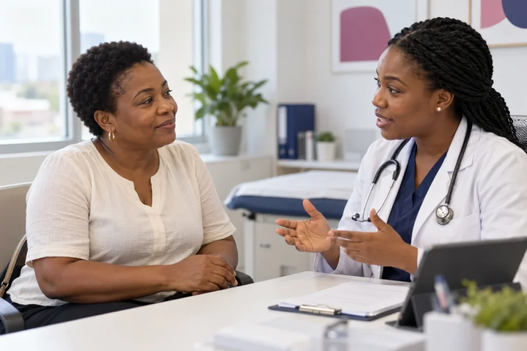 Illustrative Nigerian woman discussing healthcare with a clinician