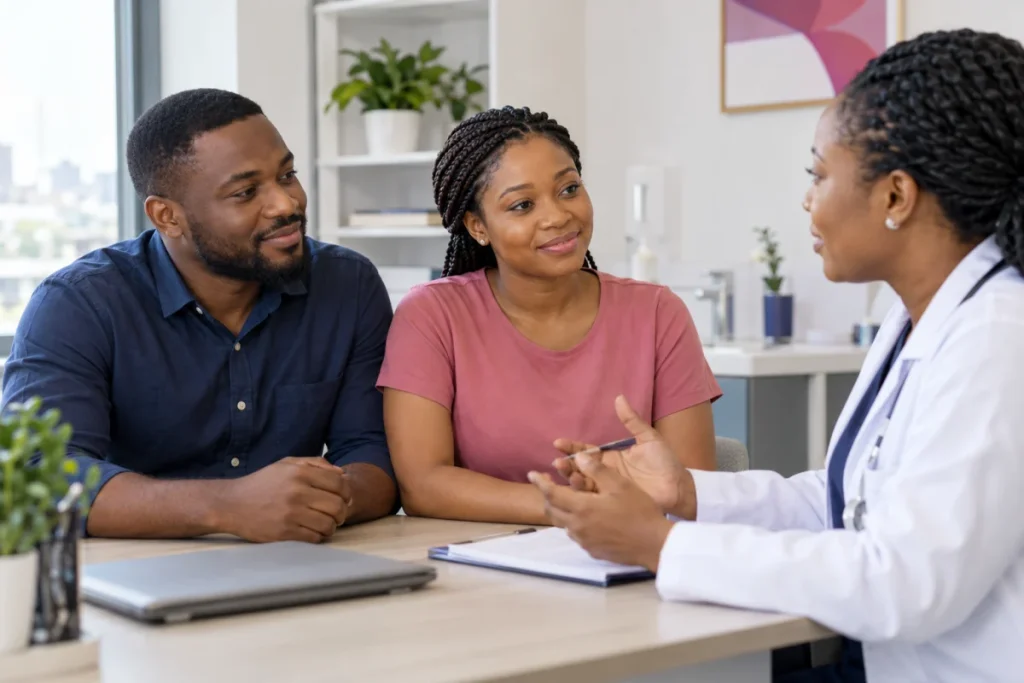 Illustrative Nigerian couple speaking with a healthcare professional