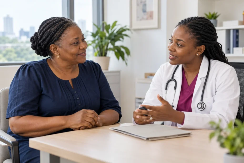 Illustrative Nigerian woman speaking with a healthcare professional