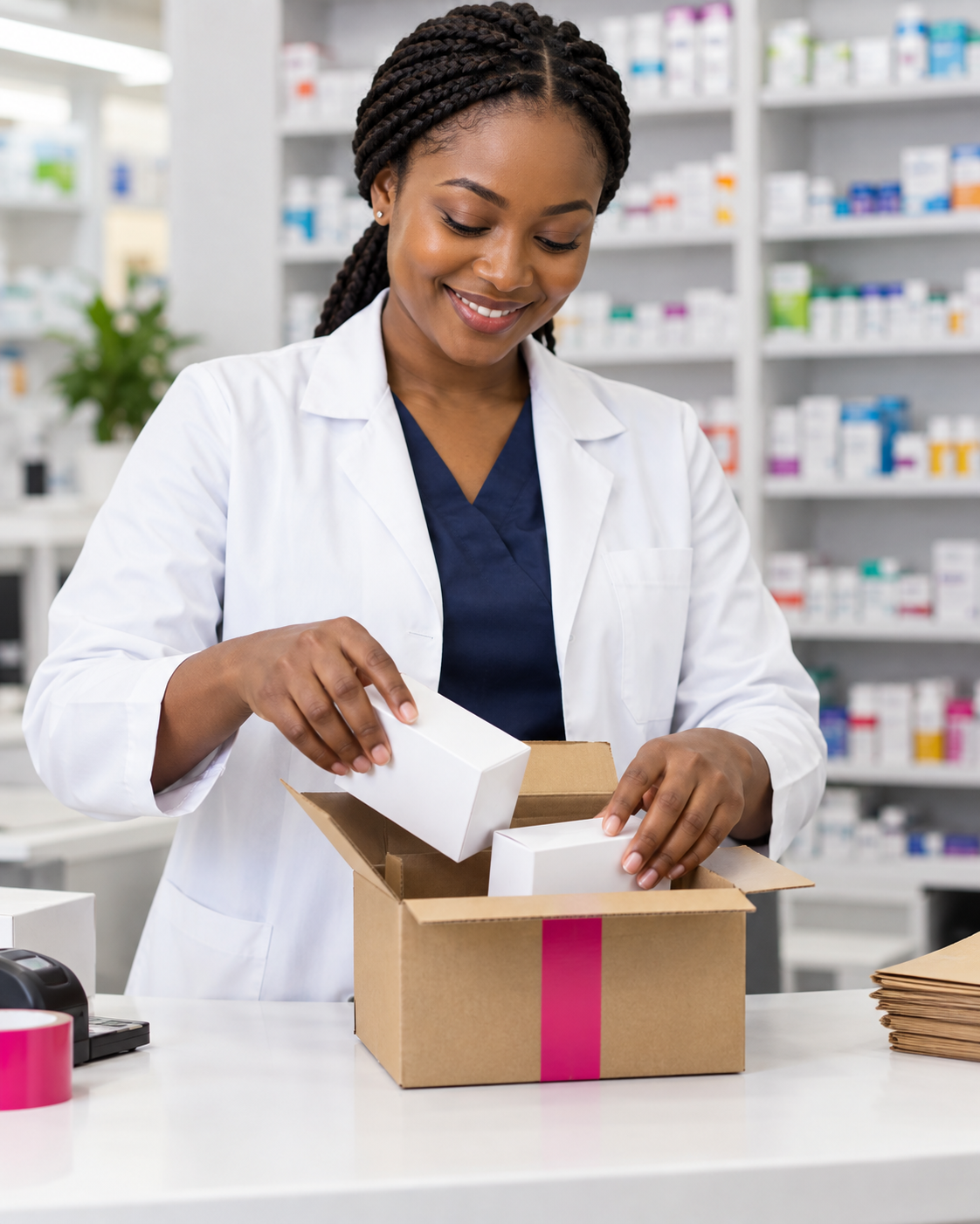 Illustrative pharmacist packing sealed medicine cartons into a delivery box